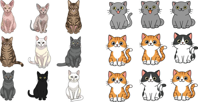 PrintCat breeds and cute kawaii kitten vector illustration collection featuring sphinx tabby black white and ginger cats for pet shop branding and stationery sticker design projects.