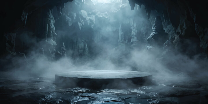 Mysterious Stage in Cave: A circular stage illuminated in a mysterious cavern, evoking an atmosphere of suspense and intrigue. The play of light and shadow, the sense of wonder.