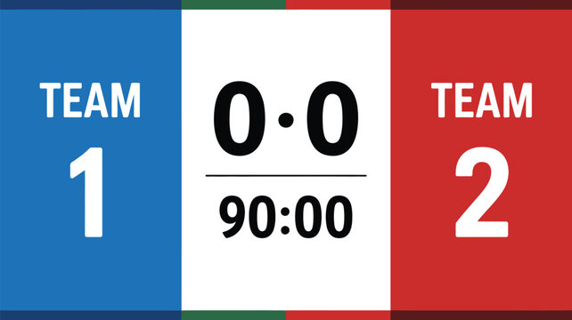 Simple soccer scoreboard template with two teams, 0-0 score, and 90:00 timer, minimal design.