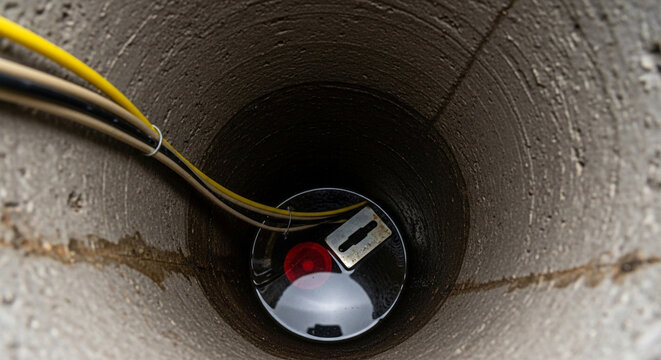 Submersible pump sits deep inside a narrow concrete well shaft with power cables running down to water