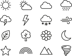 Naklejka premium Weather and nature thin line icons set featuring clouds sun lightning stars and mountains.