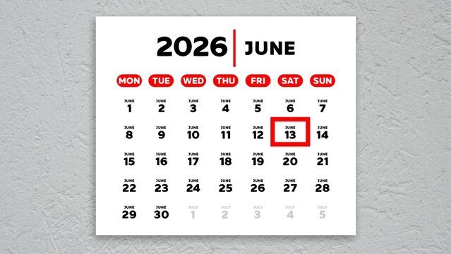 The date June 13th marked with a red cursor on a wall calendar 2026