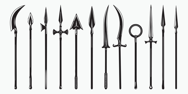 Medieval polearm weapon set, ancient spear silhouettes, halberd and glave icons, fantasy warrior equipment, historical battle tools, black and white cad drawing flat vector illustration.
