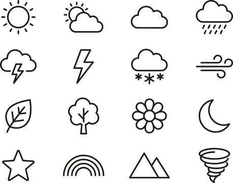 Weather and nature thin line icons set featuring clouds sun lightning stars and mountains.