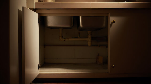 Dark, empty kitchen sink cabinet interior with open door, revealing two stainless steel basins and plumbing pipes underneath, shadowy low light setting