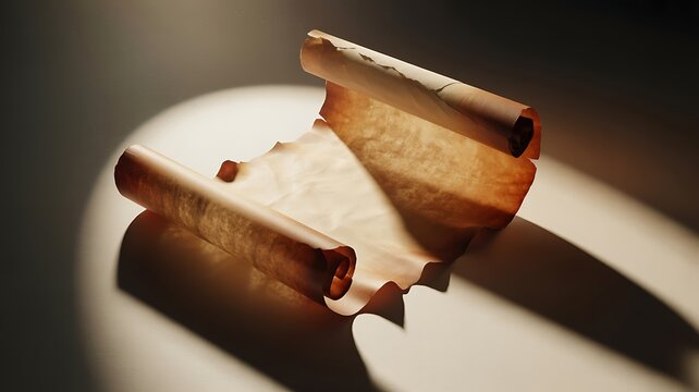 Unfurled antique parchment scroll illuminated by spotlight on textured beige background