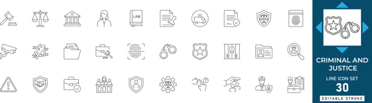 Criminal and justice line icon set featuring law enforcement, court, legal system, police, investigation, punishment, and security. Professional editable vector illustration for law apps.
