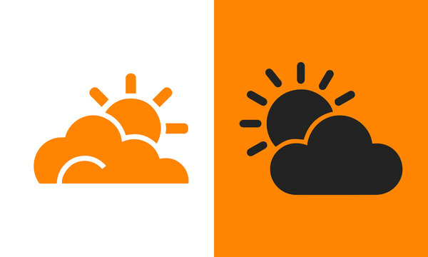 Icons representing partly cloudy weather with sun, shown in orange outline and black silhouette on white and orange backgrounds.