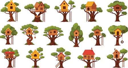 Tree house vector illustration set featuring various wooden playhouses on trees with ladders swings and balconies for childhood adventure backyard gaming and forest architecture design. © MstSelina
