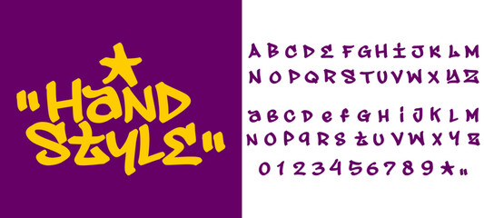 Deep purple background with a complete bold hand style graffiti alphabet collection. These thick marker characters capture the classic energy of street tagging for creative urban projects. © dirtyfellas