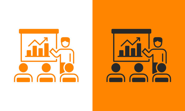 Business presentation icon with a speaker pointing at a bar graph and audience
