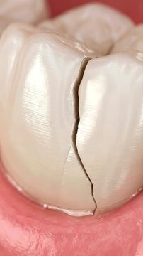 Cracked Molar Tooth With Deep Fracture Extending Into Gum. Suitable For Dentistry Education, Dental Care, Health Awareness, Medical Presentations, And Oral Hygiene.