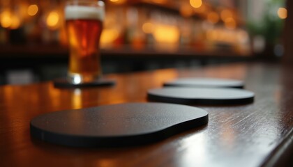 Obraz premium Beer glass sits on bar counter with multiple coasters ready. Dim lighting in pub creates warm ambiance. Tabletop surface shows wood grain texture.