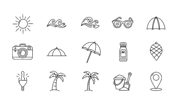 Cute summer vacation icon vector set with beach travel doodle elements sun sea and accessories