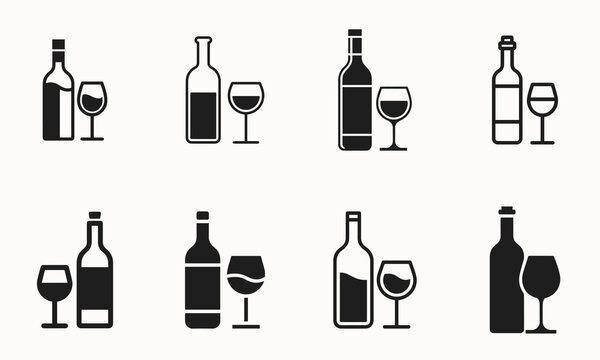Assortment of wine bottle and glass icons, depicting various types of wine service and enjoyment.