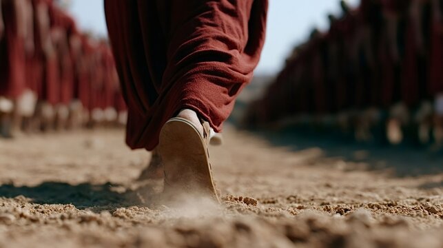 Jesus christ's foot in sandals and red robe treading a barren, dusty path with a multitude of followers extending into the blurred background, journeying through ancient lands