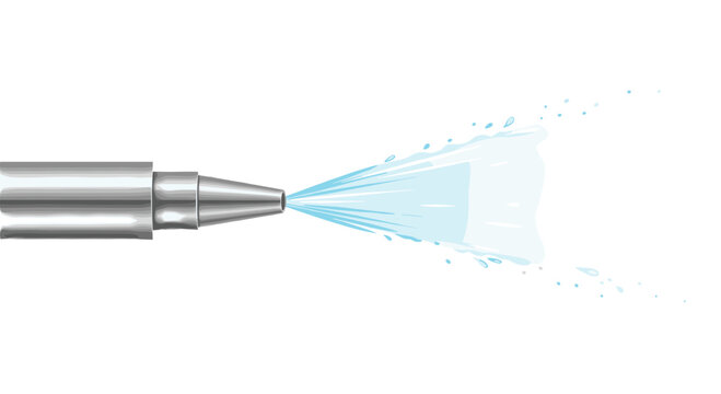 A industrial metal nozzle releases a pressurized spray of water droplets creating a mist effect against a stark white backdrop in this clean technical product visual.