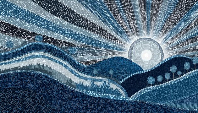 Hand Drawn Pattern Of Dashed, Dots And Stripes Organic Shapes In Abstract Landscape Hills With Sun And Sky, Inspired By Indigenous Aboriginal Art.