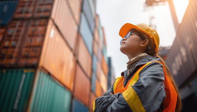 Asian Woman Working As A Dock Worker Manages Loading Of Containers Onto Trucks For Import And Export Logistics, International Delivery In Global Operations.
