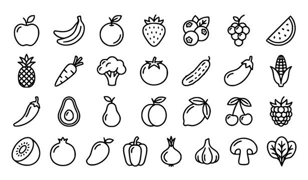 Fruits vegetables and berries outline icon set with fresh food linear symbols editable stroke vector