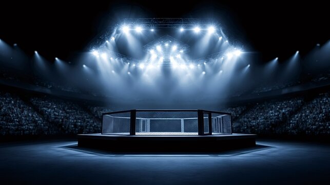 Empty mixed martial arts or mma octagon cage standing center stage in a large, dark stadium with a blurred crowd and bright spotlights illuminating the fighting area