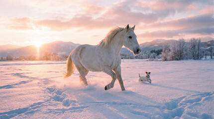 Fototapeta premium White Horse and Dog Galloping Through Snowy Field at Sunrise with Pink Sky