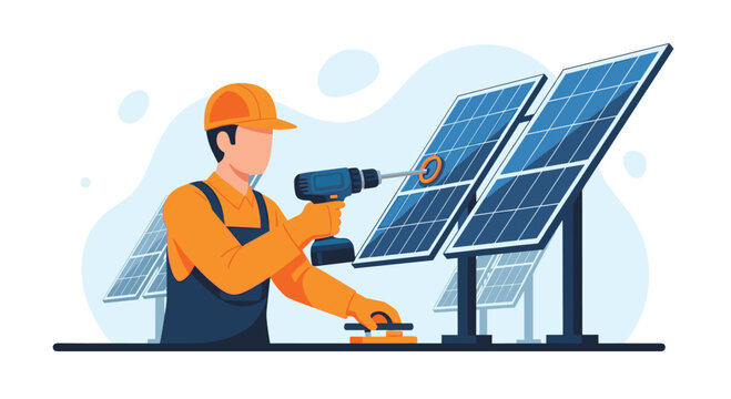A technician wearing an orange hard hat uses a power drill to install a solar panel module on a metal mounting rack against a clean, light blue studio background.
