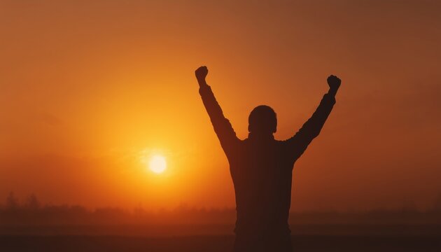 Celebrating Success At Sunrise: Vintage Silhouette Of A Victorious Man With Arm Up Achieving Great Accomplishments.