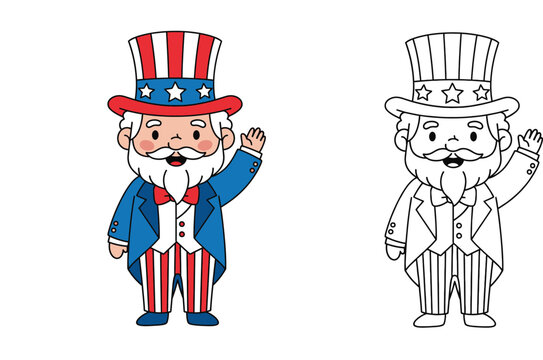 Cute cartoon Uncle Sam mascot waving hand. Color illustration and black and white outline vector line art for kids coloring book. 4th of July USA patriotic character.