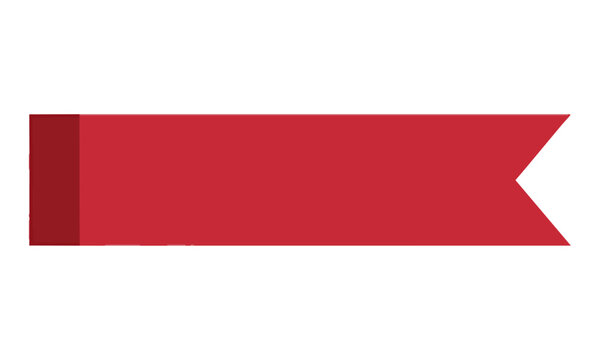 Crimson red horizontal banner with a folded triangular edge and swallowtail notch on a white background. Marketing and promotion concept