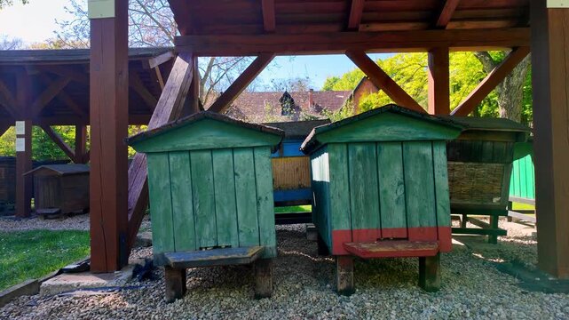 Vintage wooden beehives painted in green and blue with red accents, set on gravel under a protective wooden shelter in an open-air museum, with old tiled building roofs and spring green trees visible 