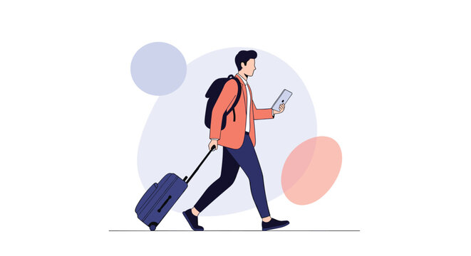 Young man in a suit and backpack pulls a suitcase while walking and checking his smartphone during a business trip.