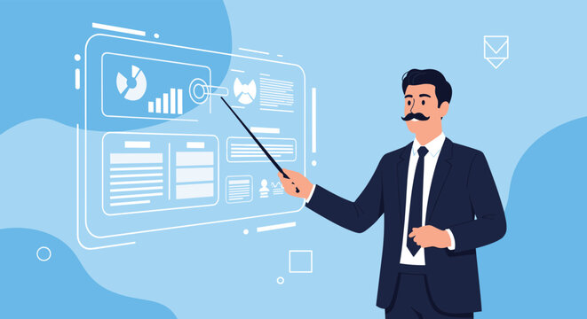 Professional man with a mustache wearing a suit uses a pointer to explain data and charts on a large digital screen.