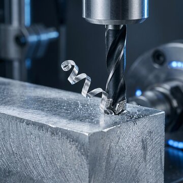 Precision asset management and financial restructuring concept featuring industrial drill extracting metal shaving from steel block.