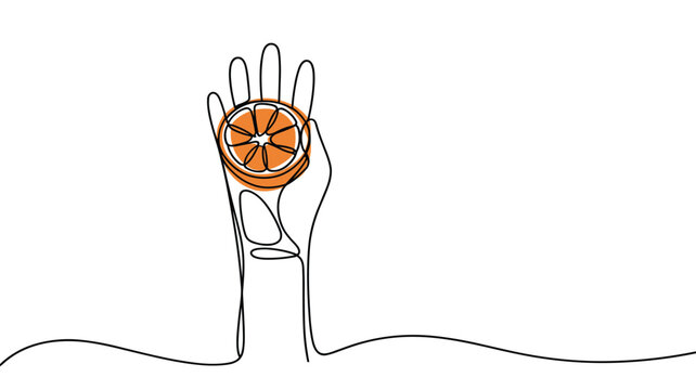 Continuous line drawing of human hand holding fresh orange fruit slice art.