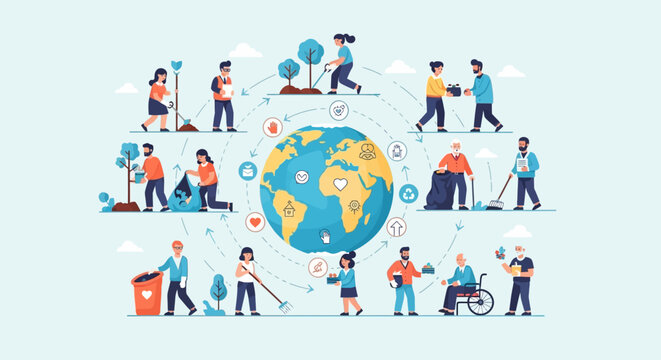 Diverse people taking care of the Earth.