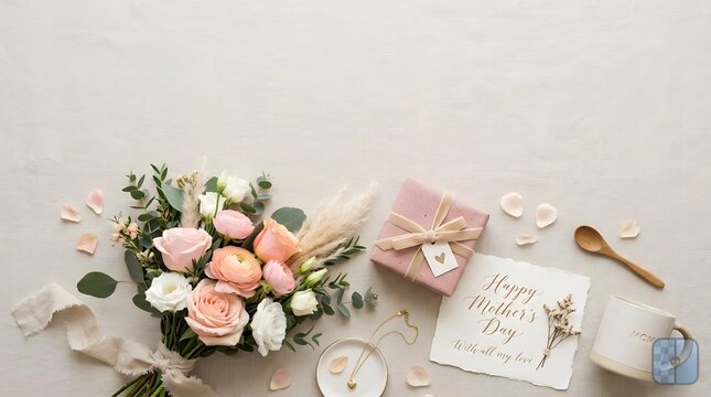 Elegant Mother's Day flat lay with a beautiful floral bouquet, gift box, greeting card, and delicate accessories on a light background.