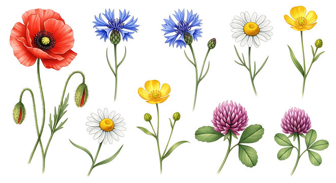 Watercolor Wildflowers Set with Poppy, Cornflower, Daisy, Buttercup, and Clover Isolated