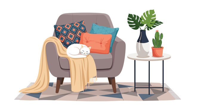 Cozy living room corner featuring a white cat sleeping soundly on a grey armchair with colorful pillows and a small side table nearby.