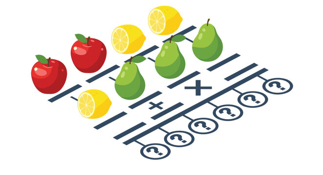 Colorful isometric fruit puzzle featuring apples, pears, and lemons arranged in a logical sequence to solve a mathematical equation.