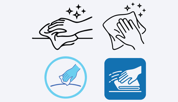 Wipe icon. Hand with napkin wiping a surface pictogram. Housekeeping symbol. Easy to clean vector illustration. Housework sign. Cleaning service logo. .