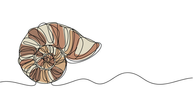 Continuous line drawing of an ammonite fossil on a transparent background.