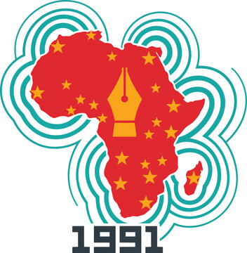 Symbolic African Continent Map with Fountain Pen and Radiating Circles Year 1991
