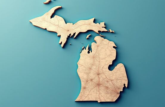 3D map of Michigan state showing land contours and road networks. Detailed cartography displays cities and counties on a flat blue background. Geographic outline.