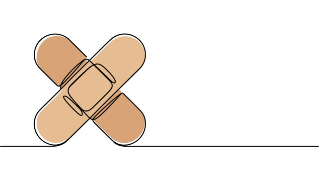 One continuous line drawing of two beige plasters in criss cross shape.