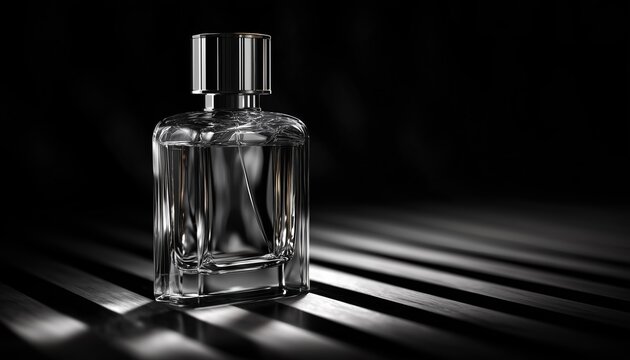 Monochromatic Contrast: Perfume Bottle In Black And White Against Striped Background. Aesthetic And Bold Composition With Vintage Vibes. Artistic Photography.