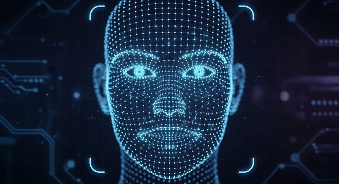 Futuristic human face with digital dots overlay