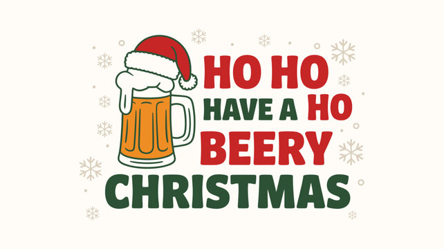 Merry christmas greeting card design with beer mug illustration and festive typography holiday text.