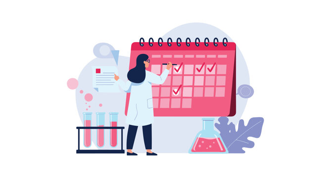 Scientist marks important dates and tasks on a giant pink wall calendar in a laboratory filled with colorful chemicals.
