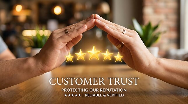 Hands forming a roof shape over five golden stars representing customer trust and high quality service in a warm office setting